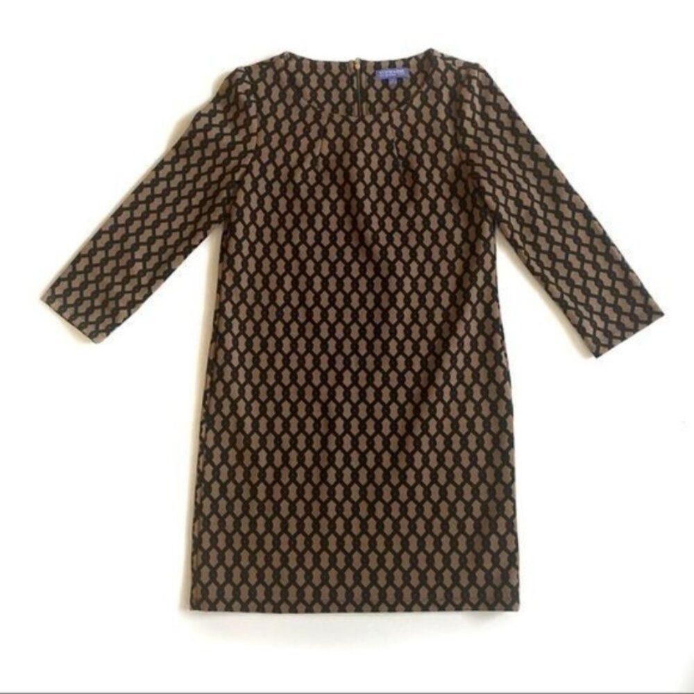 Vivienne Tam Tan and Black Patterned Long Sleeve Sheath Dress - 4